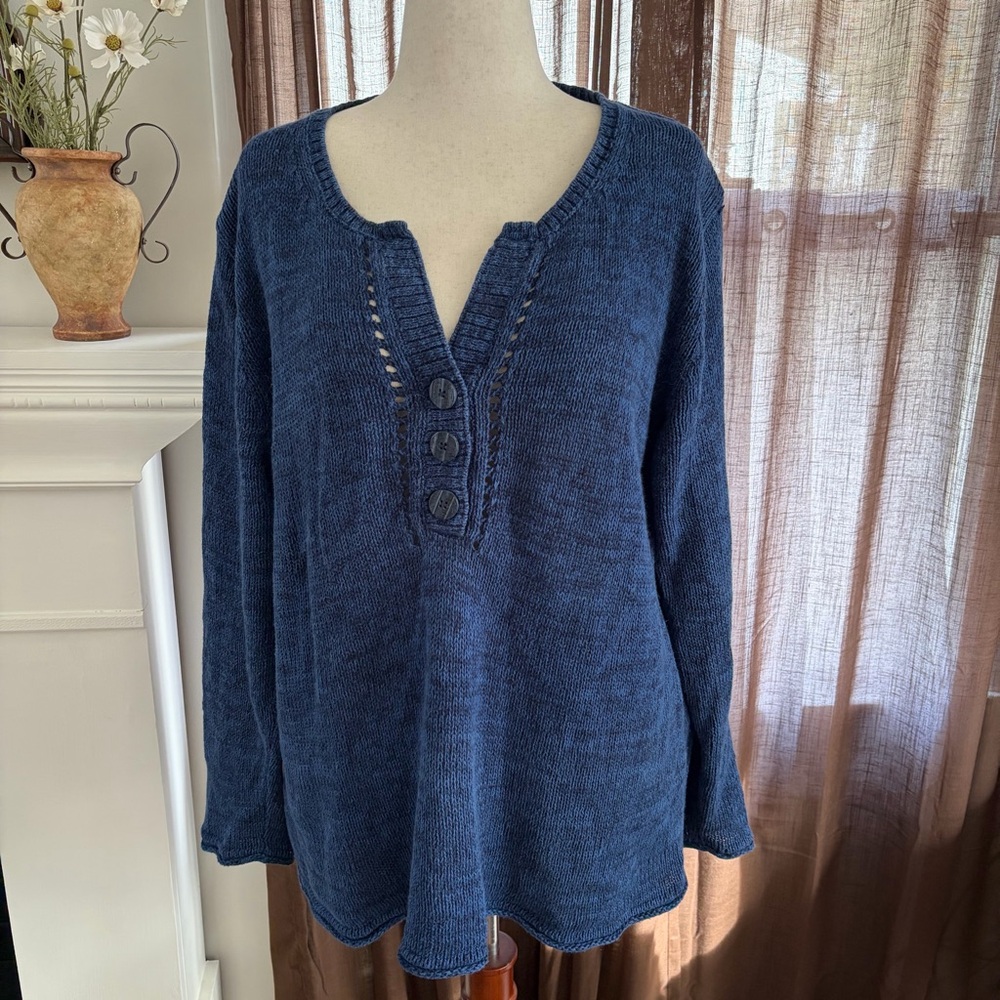 Eddie Bauer Cotton Blend Boho Coastal Blue Roll Hem Sweater